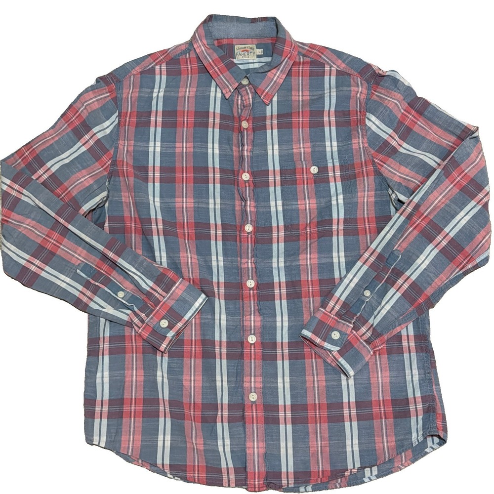 Faherty Shirt Mens Large Multi Plaid Natural Indigo Cotton Long Sleeve Button Up